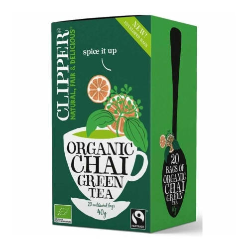 Herbata zielona chai z cynamonem i kardamonem Fair Trade BIO Clipper, 20×2 g