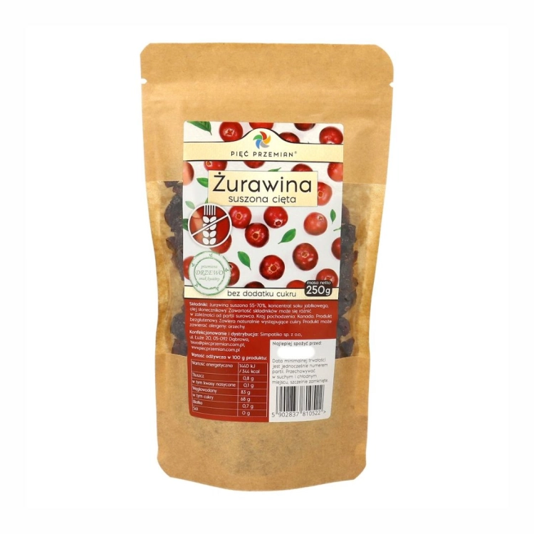 Żurawina suszona cięta z sokiem jabłkowym bezglutenowa Pięć Przemian, 250 g