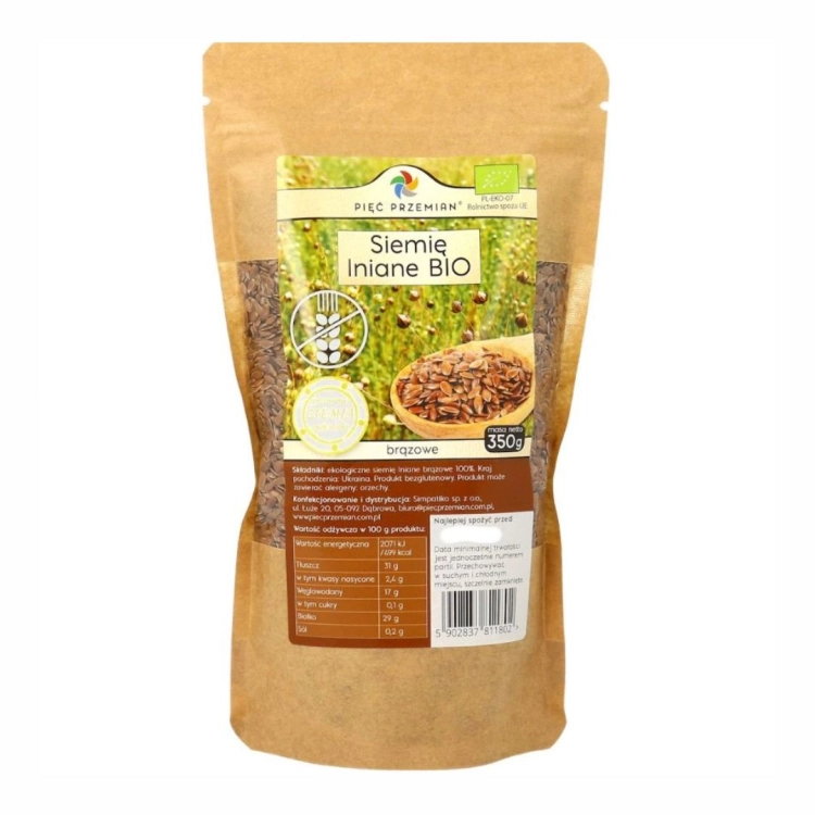 Siemię lniane brązowe bezglutenowe BIO Pięć Przemian, 350 g