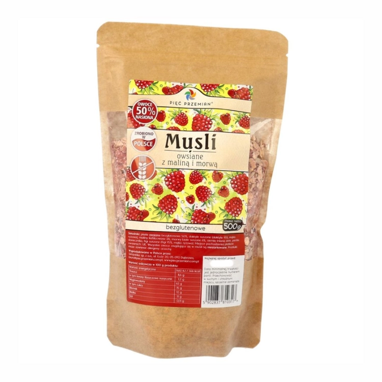 Musli owsiane malina morwa bezglutenowe Pięć Przemian, 500 g