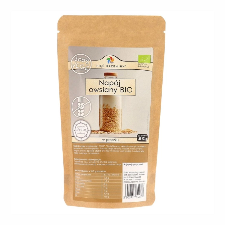 Napój owsiany BIO proszek bezglutenowy Pięć Przemian, 300 g